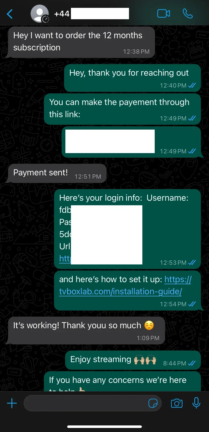 WhatsApp chat screenshot from a UK viewer reviewing their IPTV trial setup