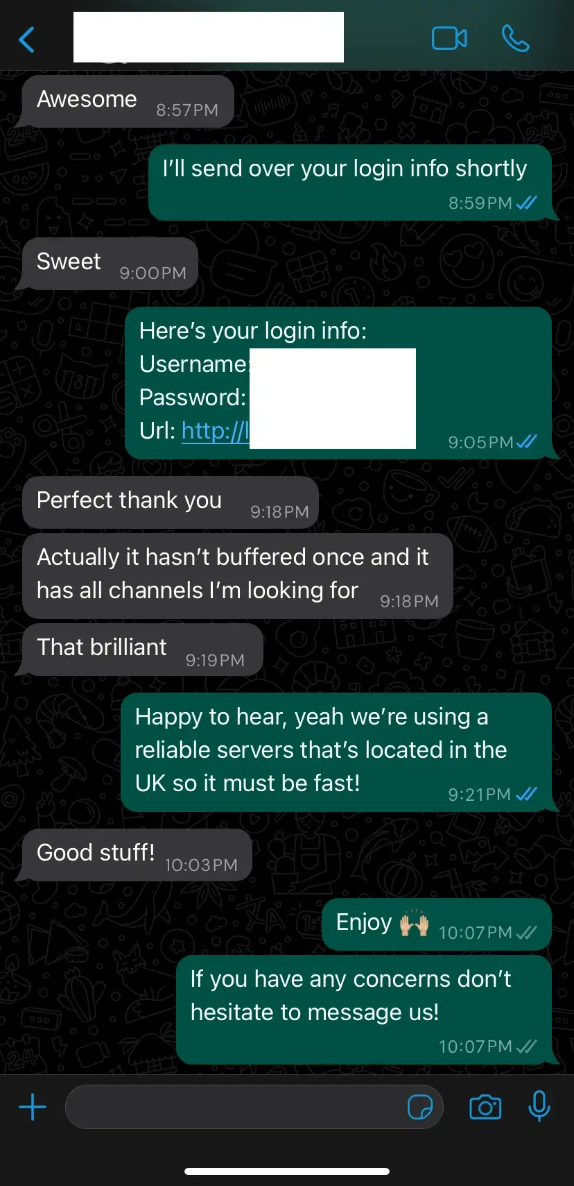 WhatsApp conversation screenshot showing IPTV trial support for a UK customer