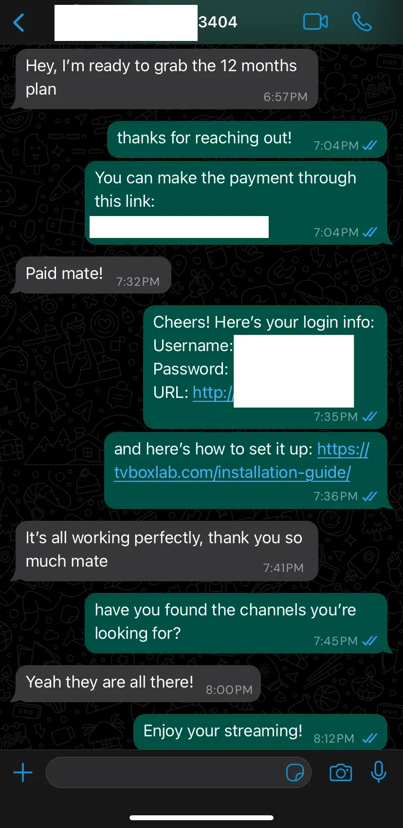 Customer WhatsApp feedback screenshot about starting an IPTV trial in the UK
