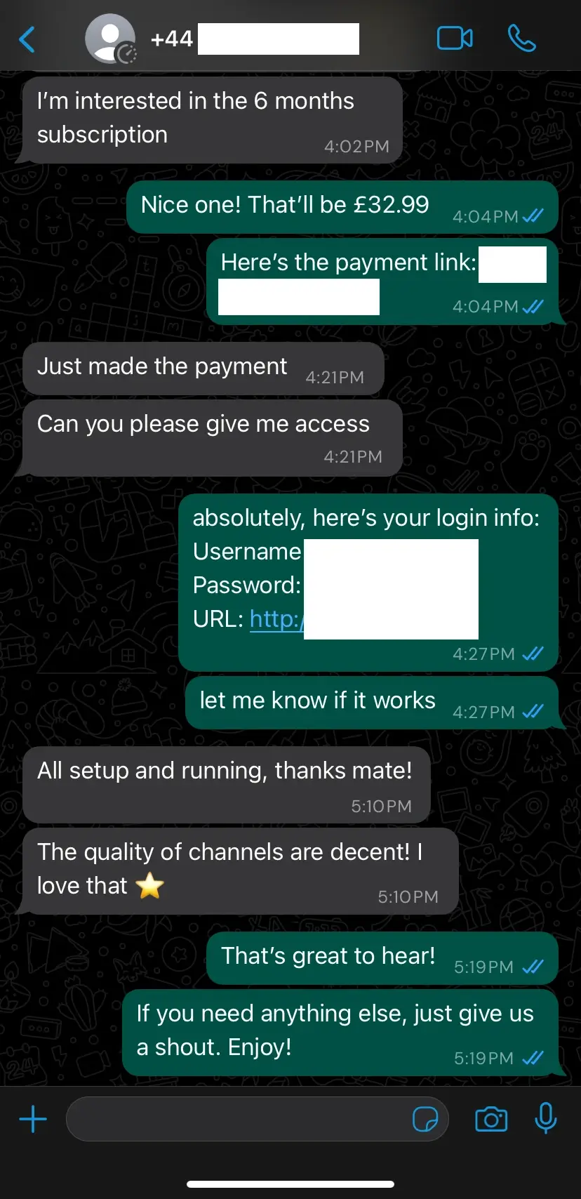 WhatsApp proof screenshot from a satisfied IPTV trial customer in the UK