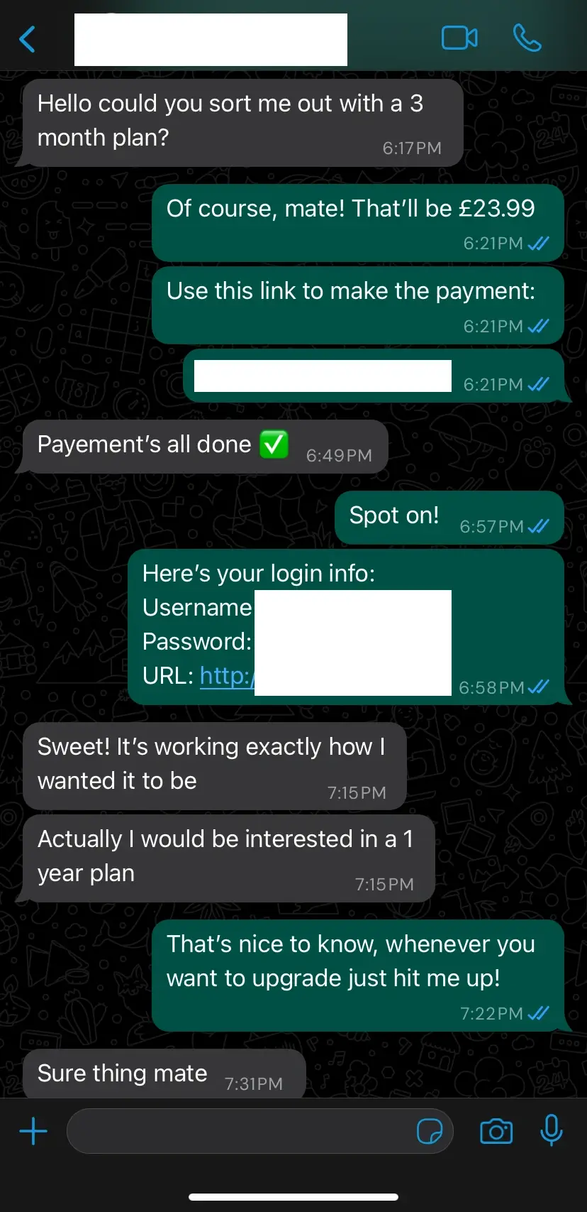 IPTV trial WhatsApp support chat screenshot from a UK viewer