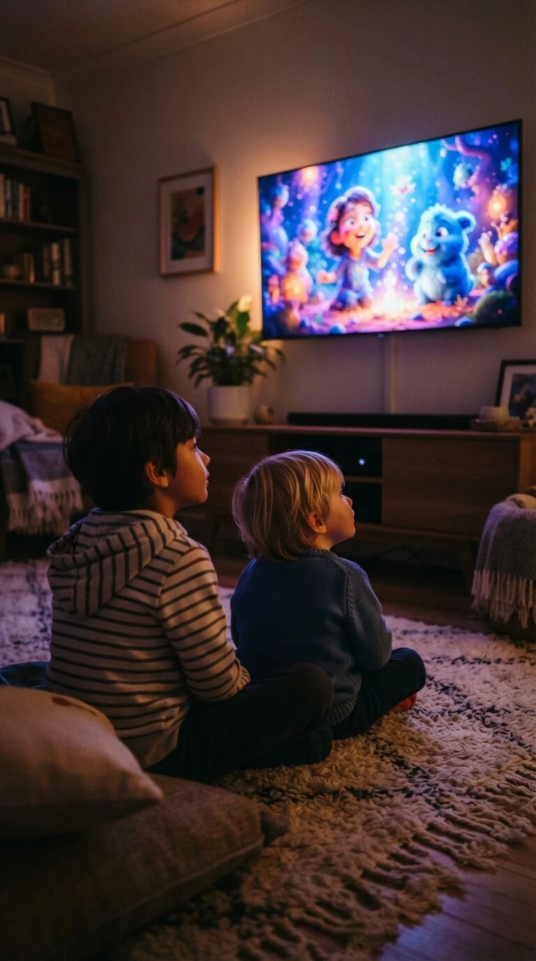 Children watching a family-friendly kids channel on an IPTV UK trial with PIN-locked parental controls