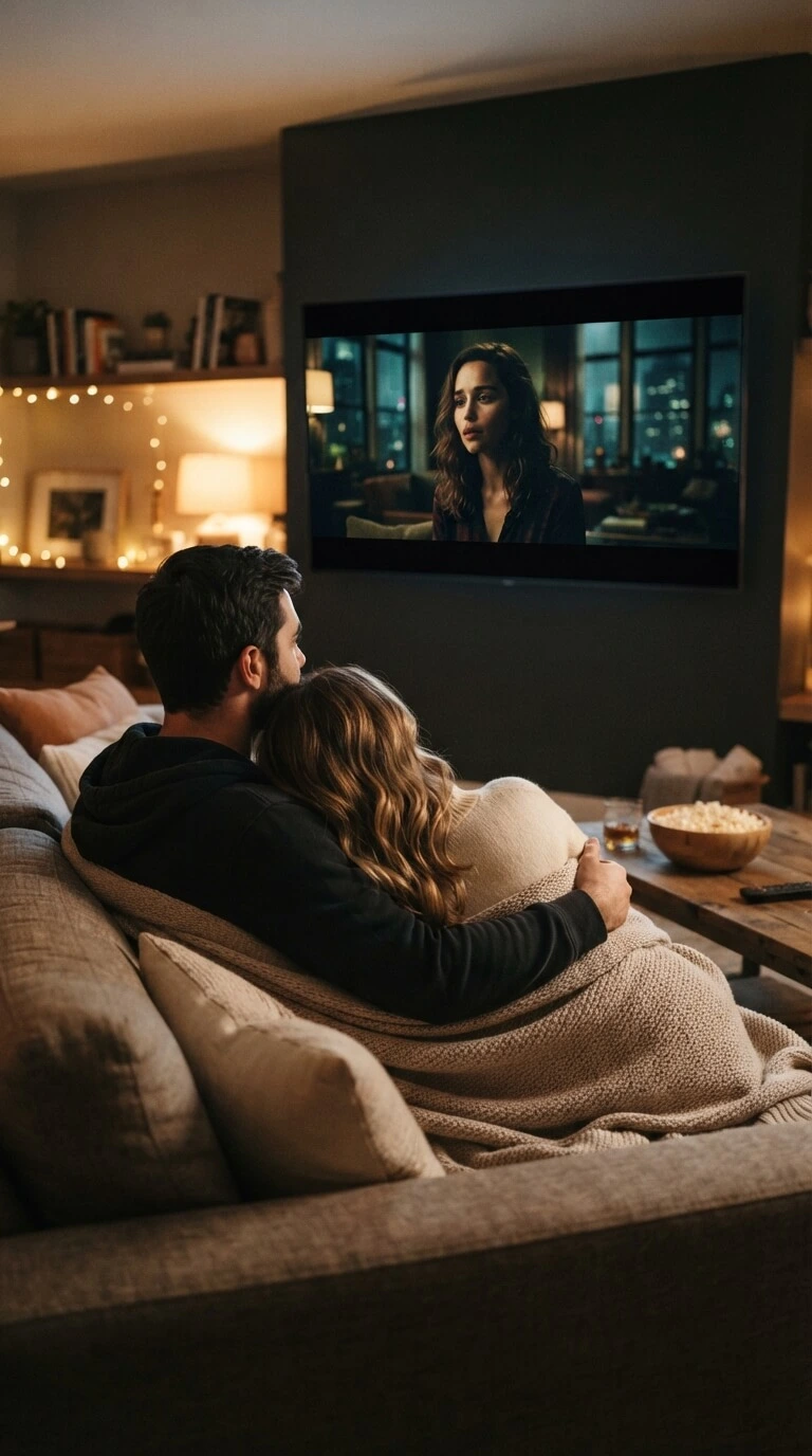 Couple watching movies on the couch with an IPTV TRIAL streaming service on TV