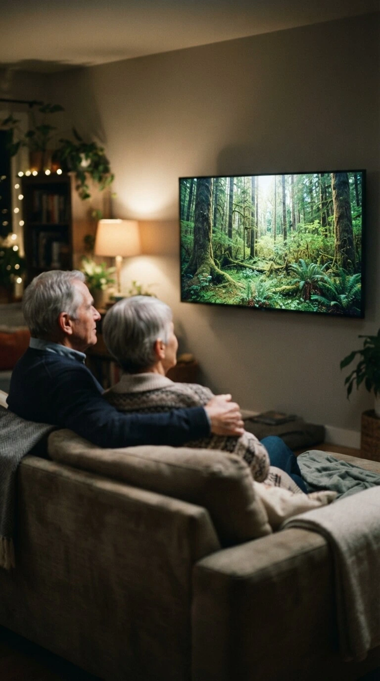 Elderly couple watching documentaries at home with an IPTV TRIAL streaming service on TV