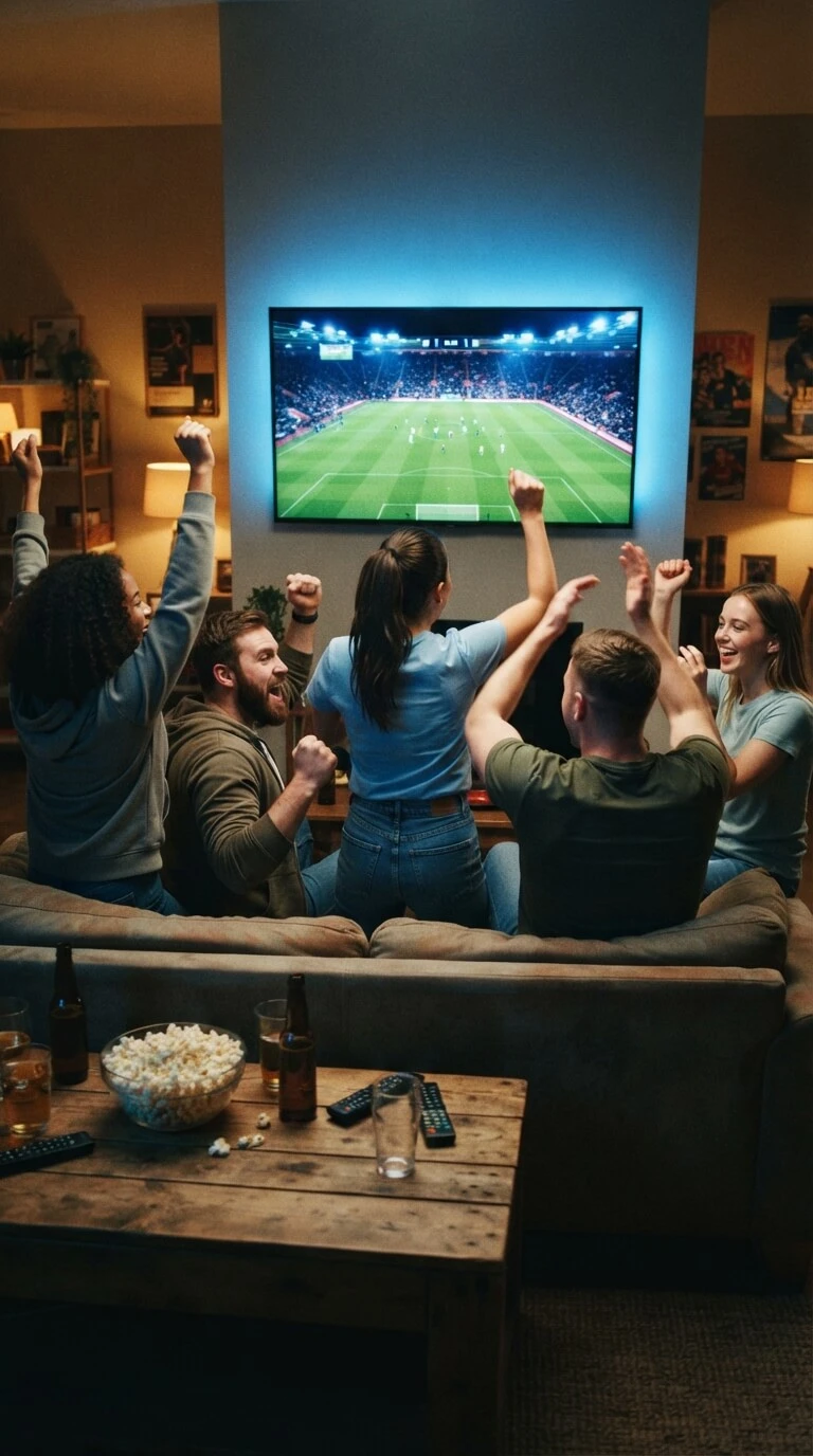 Friends watching live football in 4K with an IPTV TRIAL streaming service on TV