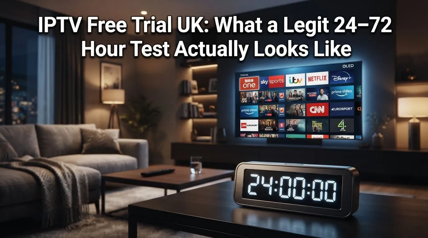 IPTV Free Trial UK stopwatch showing what a legit 24 to 72 hour IPTV TRIAL test looks like