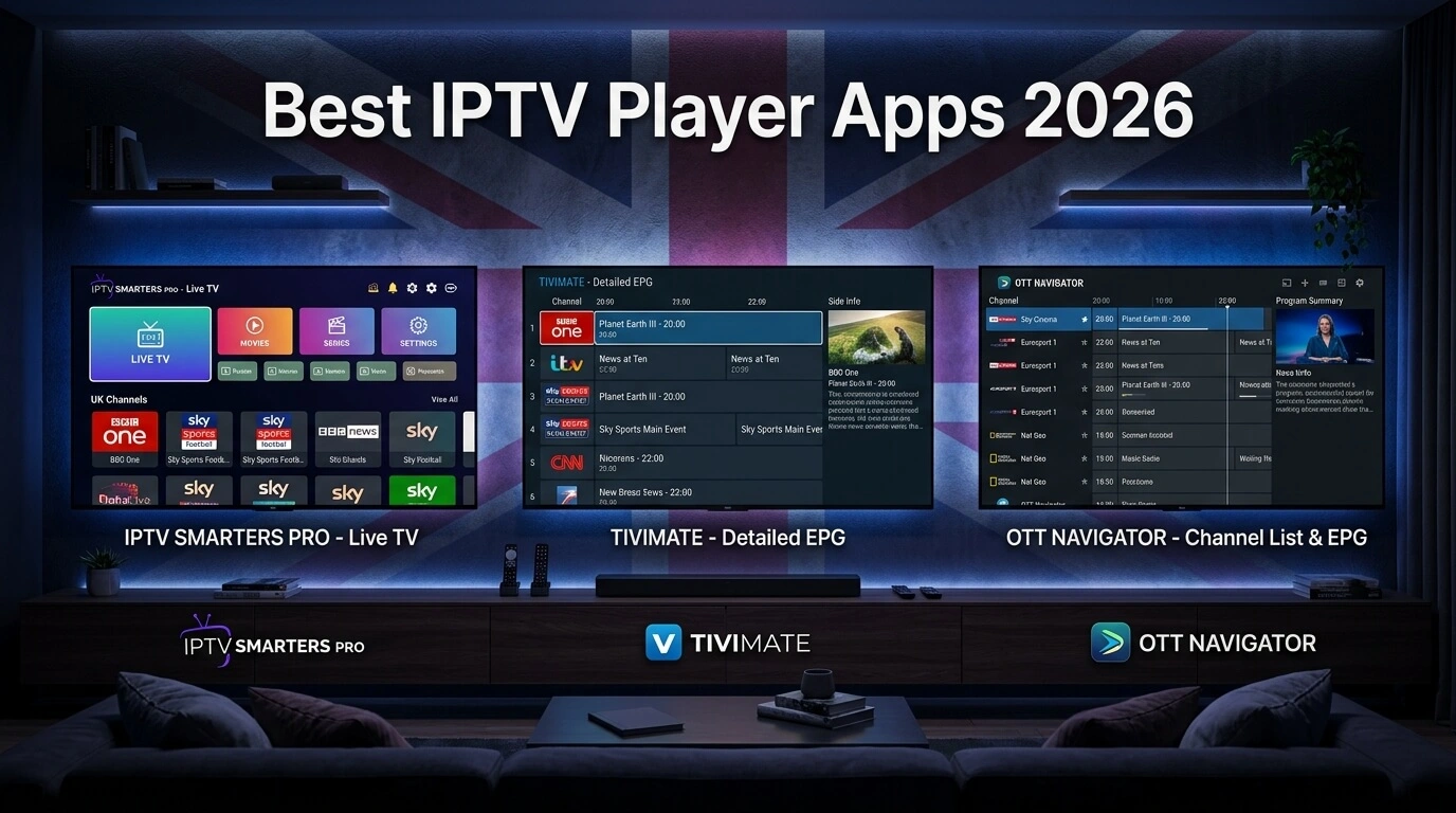 Best IPTV player apps 2026 comparison for IPTV TRIAL viewers including Smarters TiviMate and OTT Navigator