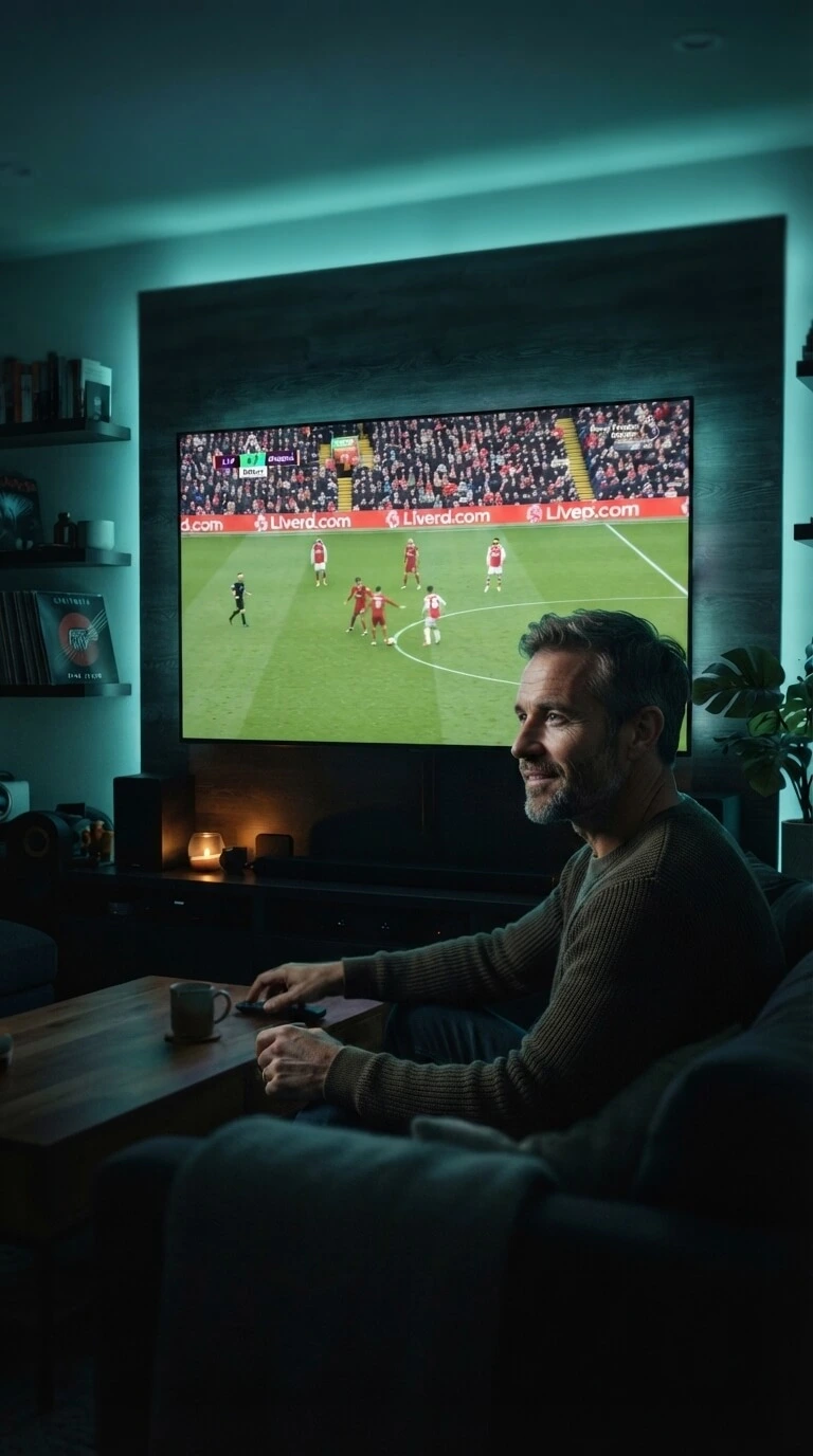 Man watching live UK and world news channels with an IPTV TRIAL streaming service on TV
