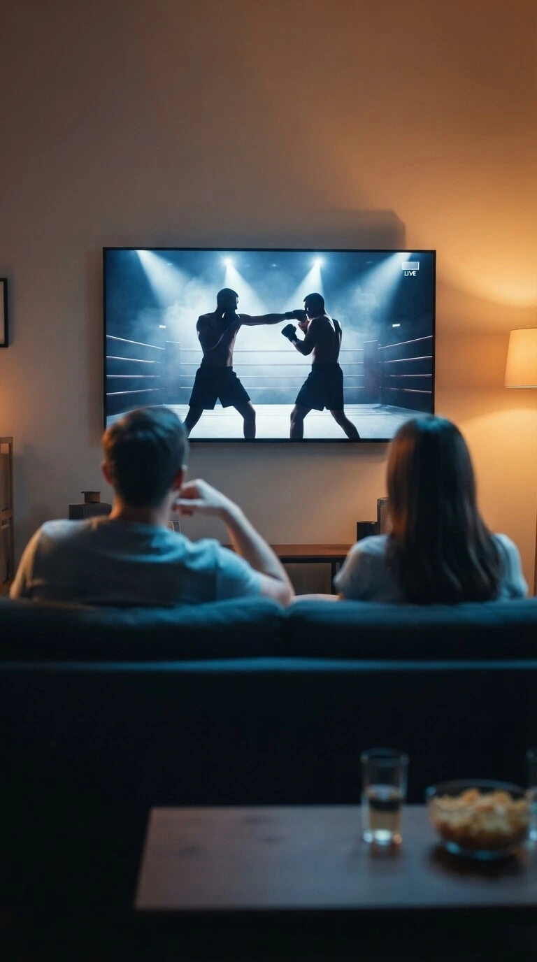 People watching a PPV boxing and UFC fight night with an IPTV TRIAL streaming service on TV