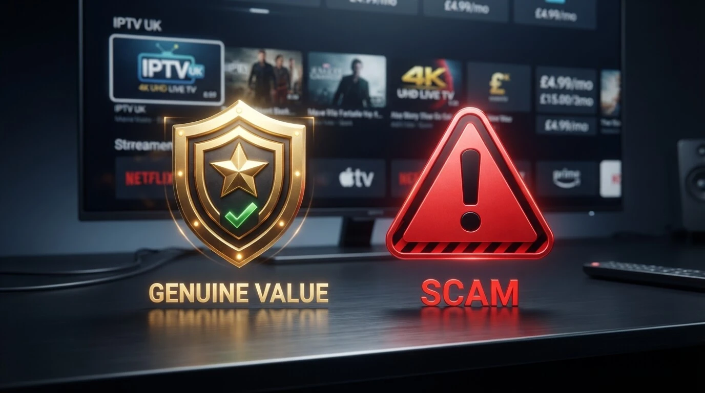 Cheap IPTV UK shield and warning sign showing genuine IPTV TRIAL value versus scams in 2026