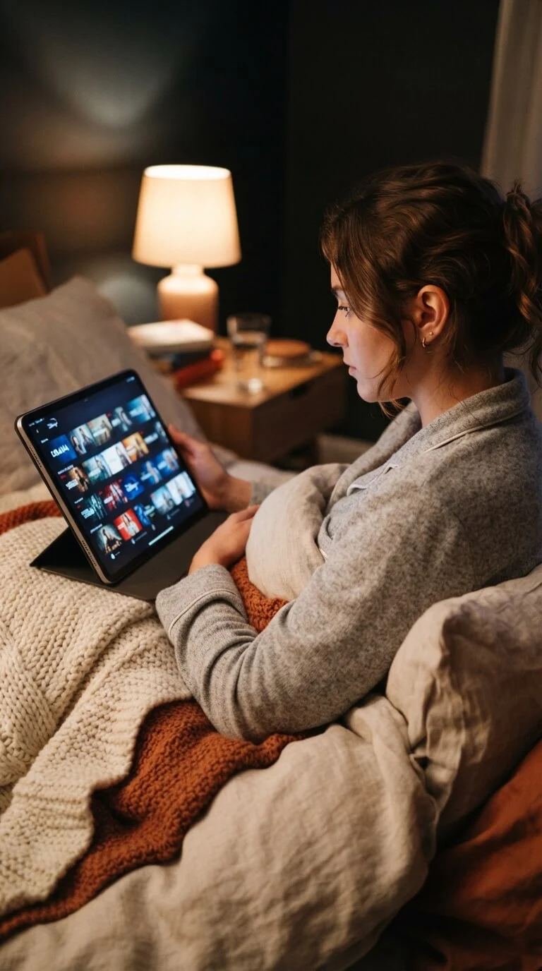 Woman watching binge-worthy series on a tablet in bed with an IPTV TRIAL streaming service